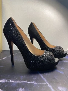 Lauren Lorraine Elissa 2 Black Embellished Peep-Toe Platform Formal Pumps 7.5 - Picture 1 of 10