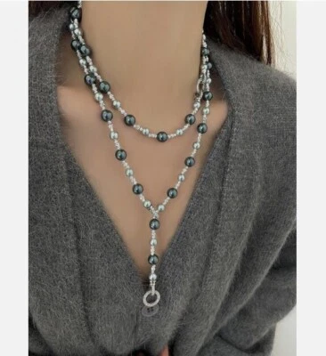 (2587)12-6mm AAAA Round South Sea gray black shell Pearl Necklace 14k gold - Image 1 of 4