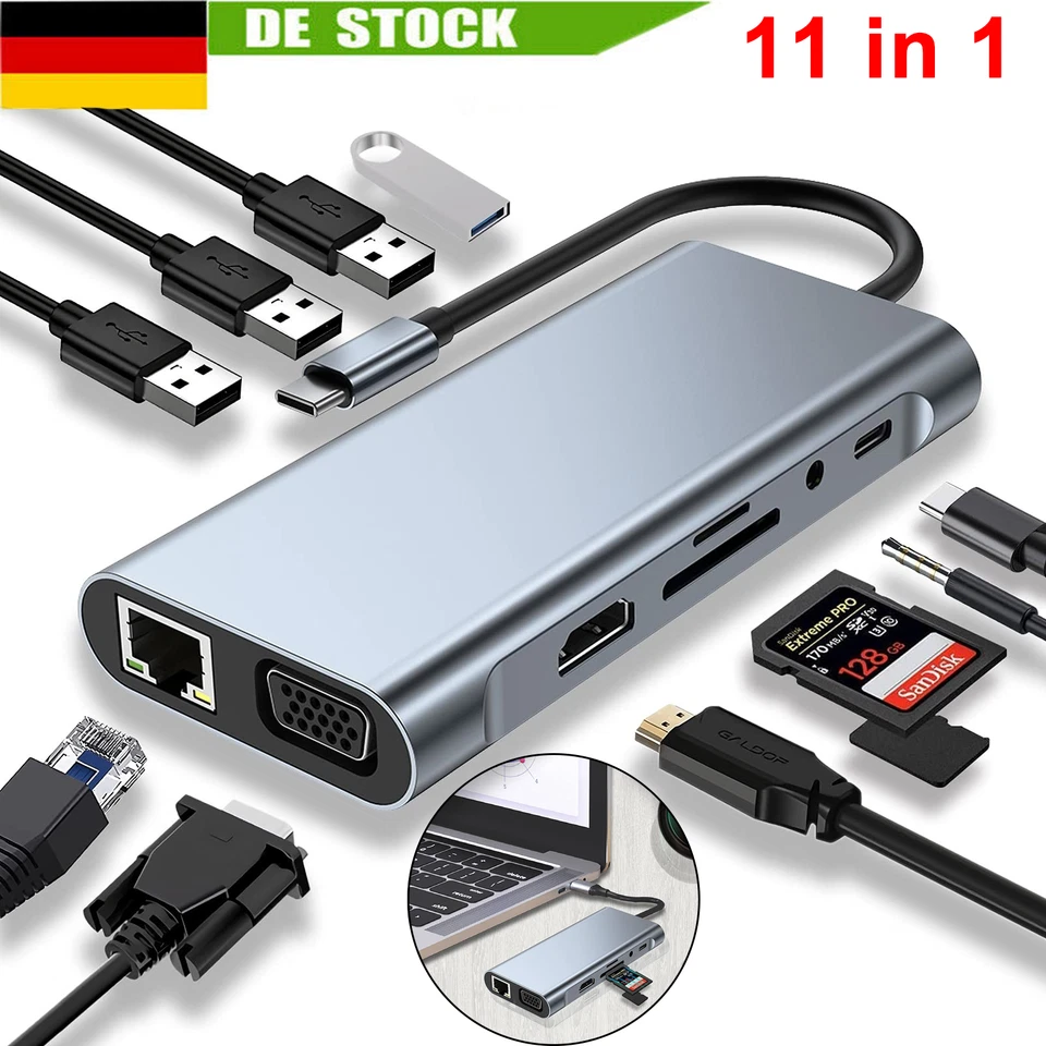 11in1 USB Typ C Hub Docking Station Dual HDMI Display PD VGA USB 3.0 RJ45 Port - Bild 1 von 4