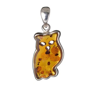 Sterling Silver Honey Baltic Amber Owl Pendant - Picture 1 of 6