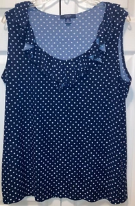 Ralph Lauren Womans Navy Blue Poly Stretch Polka Dot Top Ruffled Neckline Sz 1X - Picture 1 of 5