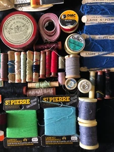 Vtg French Job Lot Haberdashery 43 Cotton Reels and Wool Threads Tin Buttons - Picture 1 of 8
