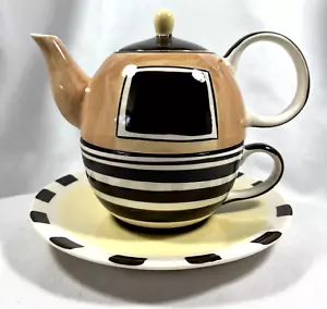 HERMAN DODGE & SON HAND PAINTED TEA POT CUP SAUCE FOR 1 BROWN YELLOW STACKABLE - Picture 1 of 15