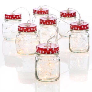 Mason Jar LED String Lights Tapas de lunares rojas y blancas de RAZ - Imagen 1 de 1