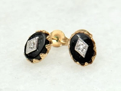 14K Gold Filled Vintage Onyx With Diamond Stud Earrings - Image 1 of 3