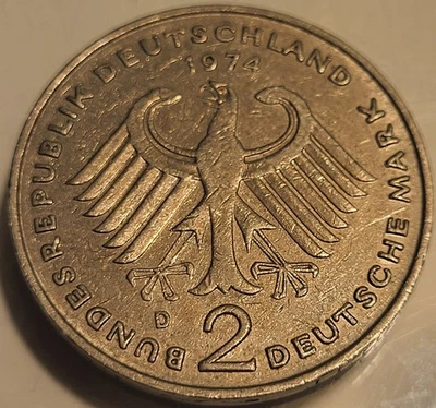 1974 D German Federal Republic 2 Mark Heuss Coin! Old Vintage Coin! Check It Out - Image 1 of 2