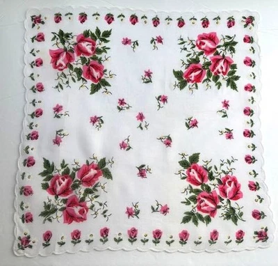 DE COLECCIÓN HANKY ROSAS ROSADAS Y ROJAS TALLOS VERDES TAN BONITOS BORDES FESTONEADOS NUEVO Foto 1 de 4