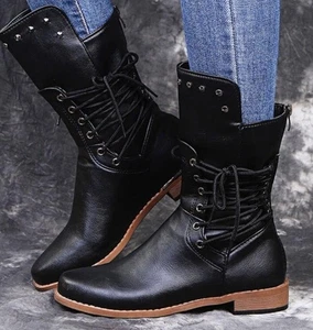 Women’s Studded Side Lace Up Chunky Ankle Boots Size 7 Black Cross Tie Mid-Calf - Picture 1 of 12