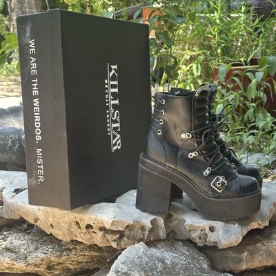 Botas Killstar Stryker para mujer 9 negras gruesas plataforma cuero vegano botas góticas Foto 1 de 4