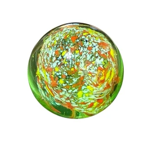 Hand Blown Art Glass Paperweight Green Red Yellow Frit 2 Inch Round Orb - Picture 1 of 5
