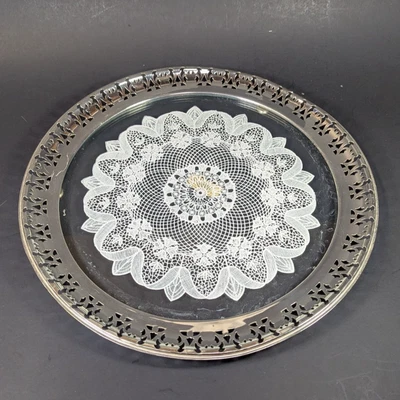 Plato de plata para pasteles con centro de vidrio Doiley inserto 12-3/4" de diámetro - VER DESCRIPCIÓN Foto 1 de 4