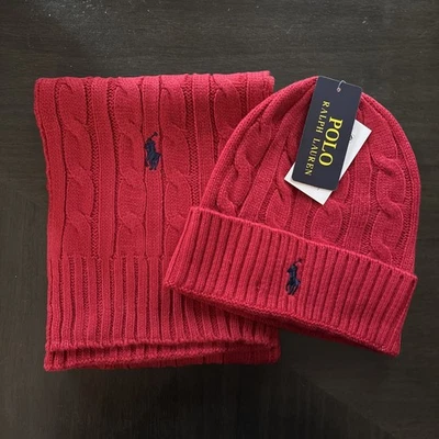 Ralph Lauren 红色/蓝色小马男式女式围巾和豆豆帽 2 件套礼物 — 第 1/2 张图片