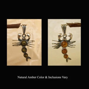 BALTIC HONEY or GREEN AMBER & STERLING SILVER SCORPION PENDANT - Imagen 1 de 8