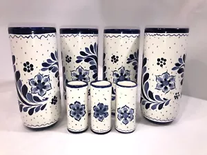 Maceral Mexico Pottery Drink Cup Shot Hand-Painted Blue And White Florals Signed - Picture 1 of 12