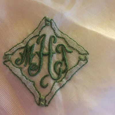 VINTAGE LINEN HANDKERCHIEF BRIDAL WEDDING White  with GREEN  M T H MONOGRAM - Image 1 of 4