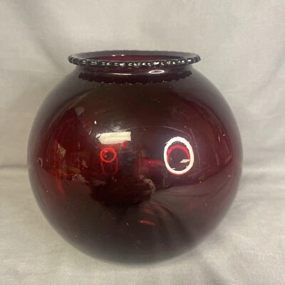 Vintage Ruby Red Glass Ivy Ball Glass Vase With Ruffled Edge 6” - Image 1 of 4