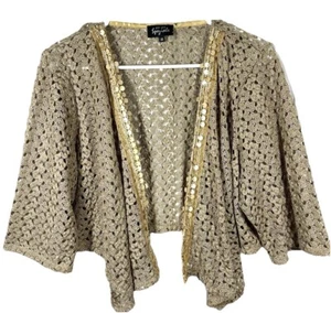 Per Una Gold Metallic Crochet Shrug Short Crop Cardigan Top Size 16 Sequin Boho - Picture 1 of 8