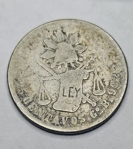 MEXICO 1883 GO 25 CENTAVOS CAP & SCALE EAGLE SNAKE SILVER COIN - Picture 1 of 12