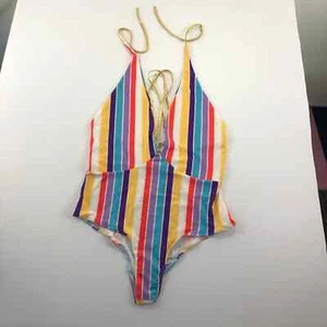 One Piece Multicolor Striped Swimsuit Swimwear - Picture 1 of 8