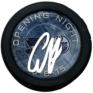 CONNOR MCDAVID SIGNED OILERS OPENING NIGHT 10-8-15 NHL DEBUT HOCKEY PUCK PSA/DNA - Picture 1 of 3