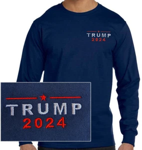TRUMP 2024, BLUE LONG SLEEVE  EMBROIDERED T-SHIRT CLASSIC DESIGN - Picture 1 of 1