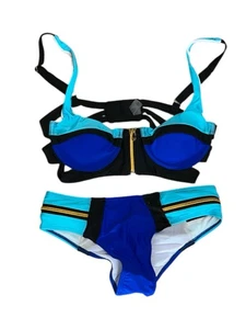 BNWOT Women's Blue & Black With Gold Zips Padded Open Sides & Back Bikini Size M - Picture 1 of 9