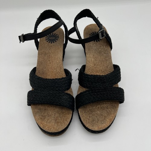 ugg sandali donna uma fibbia regolabile sling back tacco sughero 2" tessuto 7 5 nero
