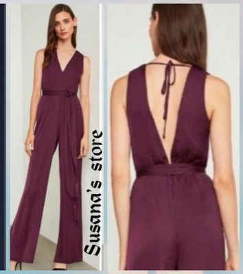 NWT BCBG MAXAZRIA SIZE XS CAHYA SATIN V-NECK TIE WAIST WIDE LEG JUMPSUIT - Image 1 of 4