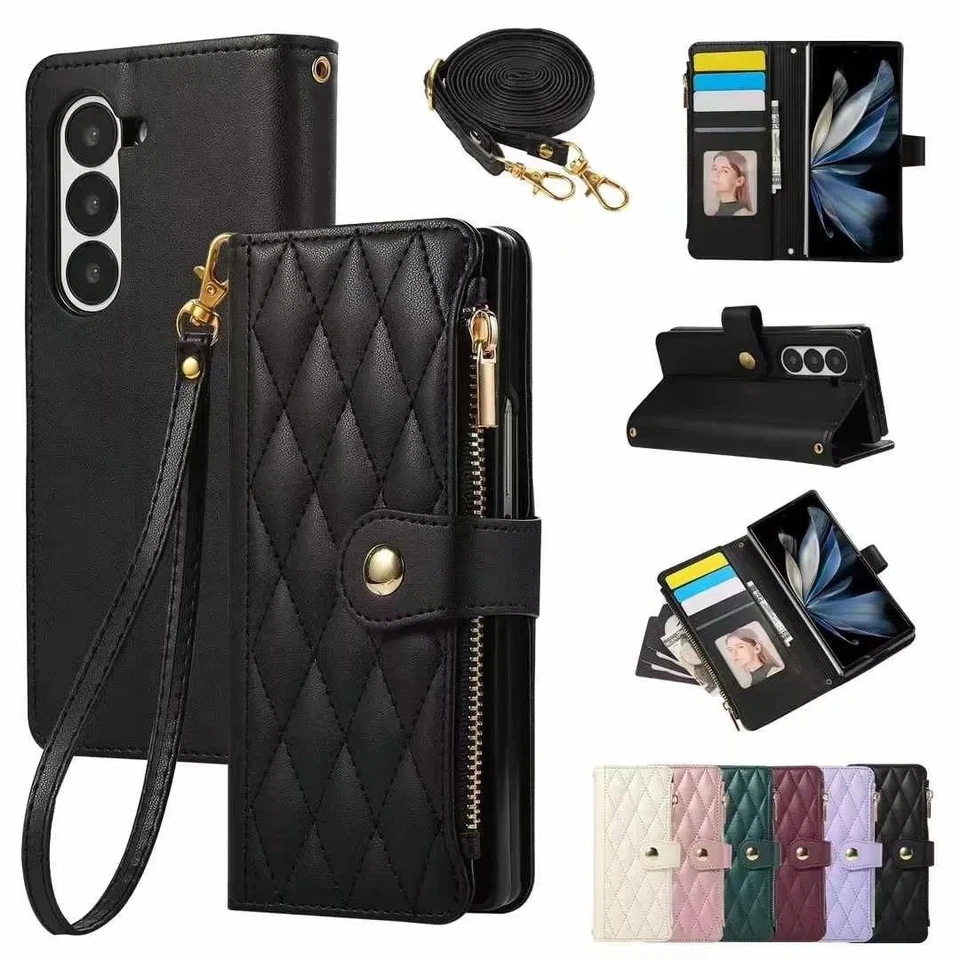 Zipper Grid Leather Wallet Phone Case For Samsung S25 S24 S22 S23 S21 S20 FE S10 - Image 1 of 4