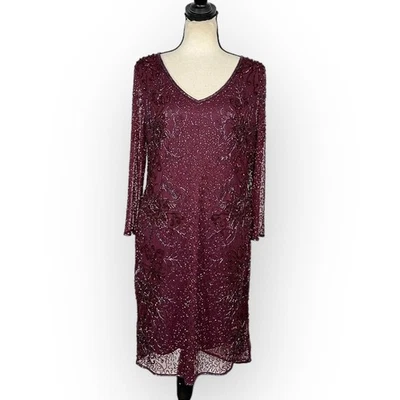 Vestido de cóctel para mujer Pisarro Nights con cuentas cuello en V manga 3/4 ciruela 10 Foto 1 de 4