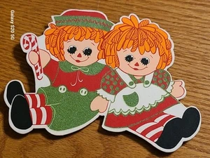 Vtg 1970s Hallmark Die Cut Gift/Package Topper Raggedy Ann/Andy Green Felt Xmas - Picture 1 of 11