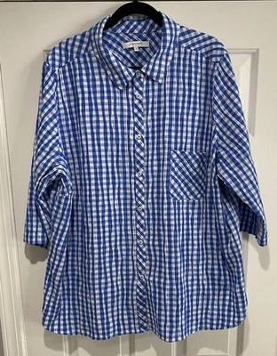 Camisa Foxcroft NYC Azul Blanco Cuadros Fruncida Manga 3/4 Abotonada 24W Relajada Foto 1 de 4