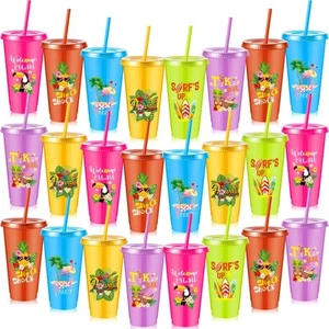 24 Stück Hawaii Becher Kunststoff Becher mit Deckel und Strohhalm 24 Unzen Wiederverwendbar Tropica... - Bild 1 von 6