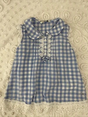 Mayoral Girl Blue Gingham Blouse Top Girls Size 7 Crochet Sleeveless Cottagecore - Image 1 of 4