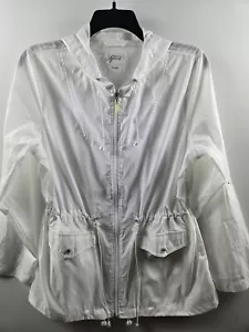 Style&co. Windbreaker Jacket Womens Large White Adjustable Waist Hooded Full Zip - Picture 1 of 6