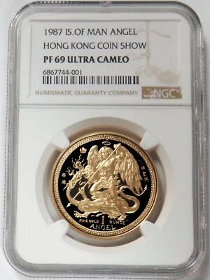 1987 GOLD IOM 1 OZ ANGEL HONG KONG COIN SHOW PRIVY NGC PROOF 69 ULTRA CAMEO - Image 1 of 3