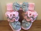 Hand knitted Romany Bling baby girls Shoes /booties+Crochet headband.0-3months