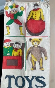 Toy Storage Drawstring Cotton Bag Multicolor  Silkscreened 1940's Rare 15x30 - Picture 1 of 8