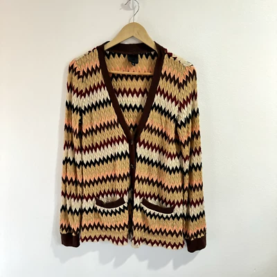 Vintage 90s Y2K Anna Sui Sweater 12 / L Chevron Cardigan Knit Tan Brown Retro - Image 1 of 4