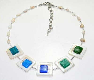 Halskette Kette Muschel natur weiß Lampwork Murano Art blau petrol türkis 278L - Bild 1 von 2