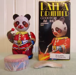 Vintage Tin Litho Clock Work Toy Panda Drummer China With Key  UNUSED IN BOX - Picture 1 of 7