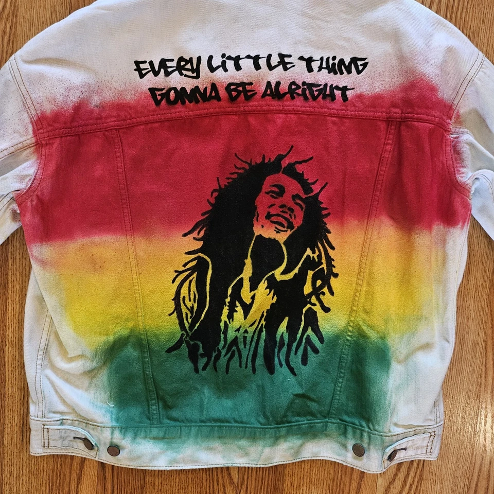 Bob Marley Stencil Spray Painted Denim Jean Jacket Upcycled - Image 1 of 4