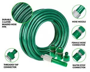 30M Reinforced Garden Hose Pipe Reel Set – Hosepipe Spray Nozzle Tap Connector - Picture 1 of 3