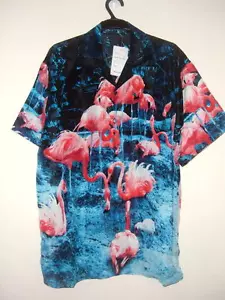 NWT FLAMINGO HAWAIIAN SHIRT S or M by FERUGINI - Picture 1 of 3