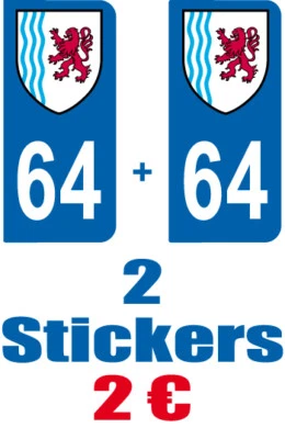 SAFIRMES 2-STICKERS-PLAQUE-AUTO-IMMATRICULATION-DEPARTEMENT-LOGO 64