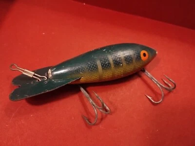 Bomber Lures Bomberette Vtg. Wood Fishing Lure 3 inch body, Green Perch Coloring - Image 1 of 4