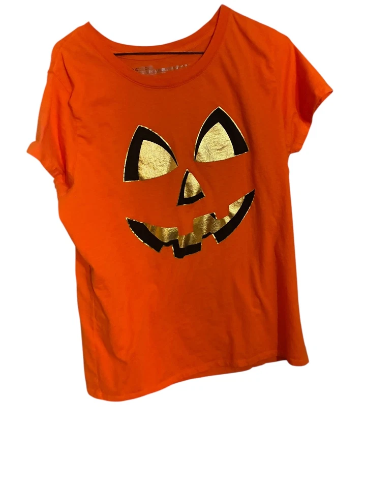 Camiseta naranja Halloween calabaza cara dorada para niñas Foto 1 de 3