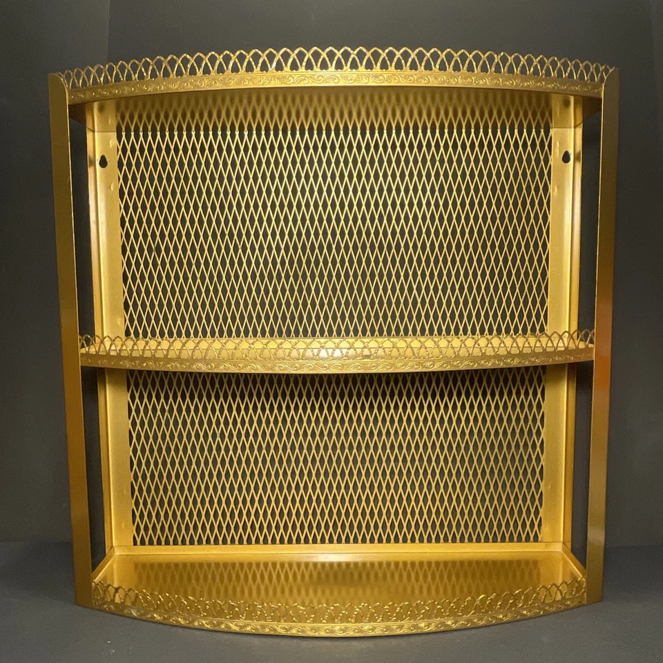 Estante de pared de baño vintage de metal dorado de 3 niveles MCM Hollywood Regency Foto 1 de 4