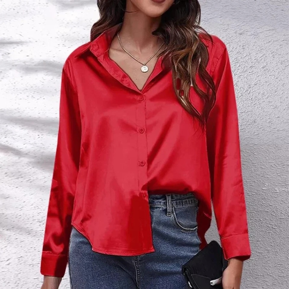 Blusa de satén de seda para mujer manga larga camisa con botones informal suelta Foto 1 de 2