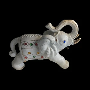 Vintage 1998 Jeweled Ivory Porcelain Elephant Figurine, Trunk Up for Good Luck - Picture 1 of 5